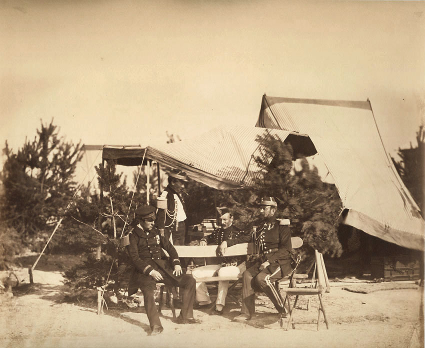 Photo Detail - Gustave Le Gray - Chalons Encampment Scene: Lieutenant of Champagny, Capitaine Friant, the Prince Murat and Colonel Lepic