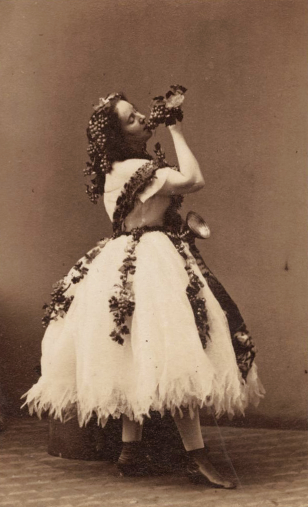 Andre Adolphe-Eugene Disderi - Portrait of Actress Louise Charlotte Abingdon-Legaigneur Drinking Wine in Dress Decorated with Grapes Andre Adolphe-Eugene Disderi - Portrait of Actress Louise Charlotte Abingdon-Legaigneur Drinking Wine in Dress Decorated with Grapes