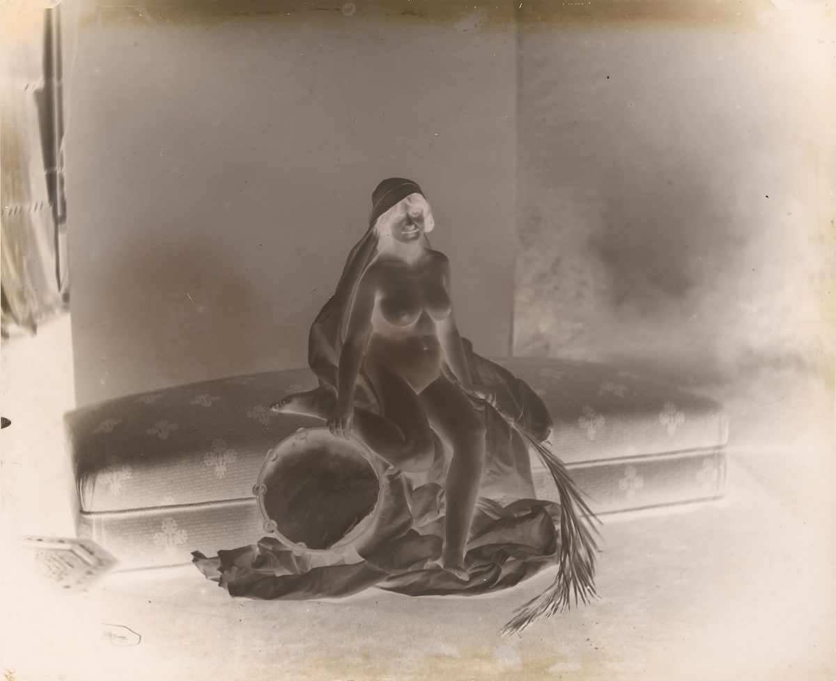H.? - Female Nude Seated on Couch with Tambourine H.? - Female Nude Seated on Couch with Tambourine